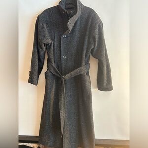 FLORENZI COLLECTION VINTAGE BLACK TWEED WOOL WITH LEATHER COLLAR TRIM MEN COAT S